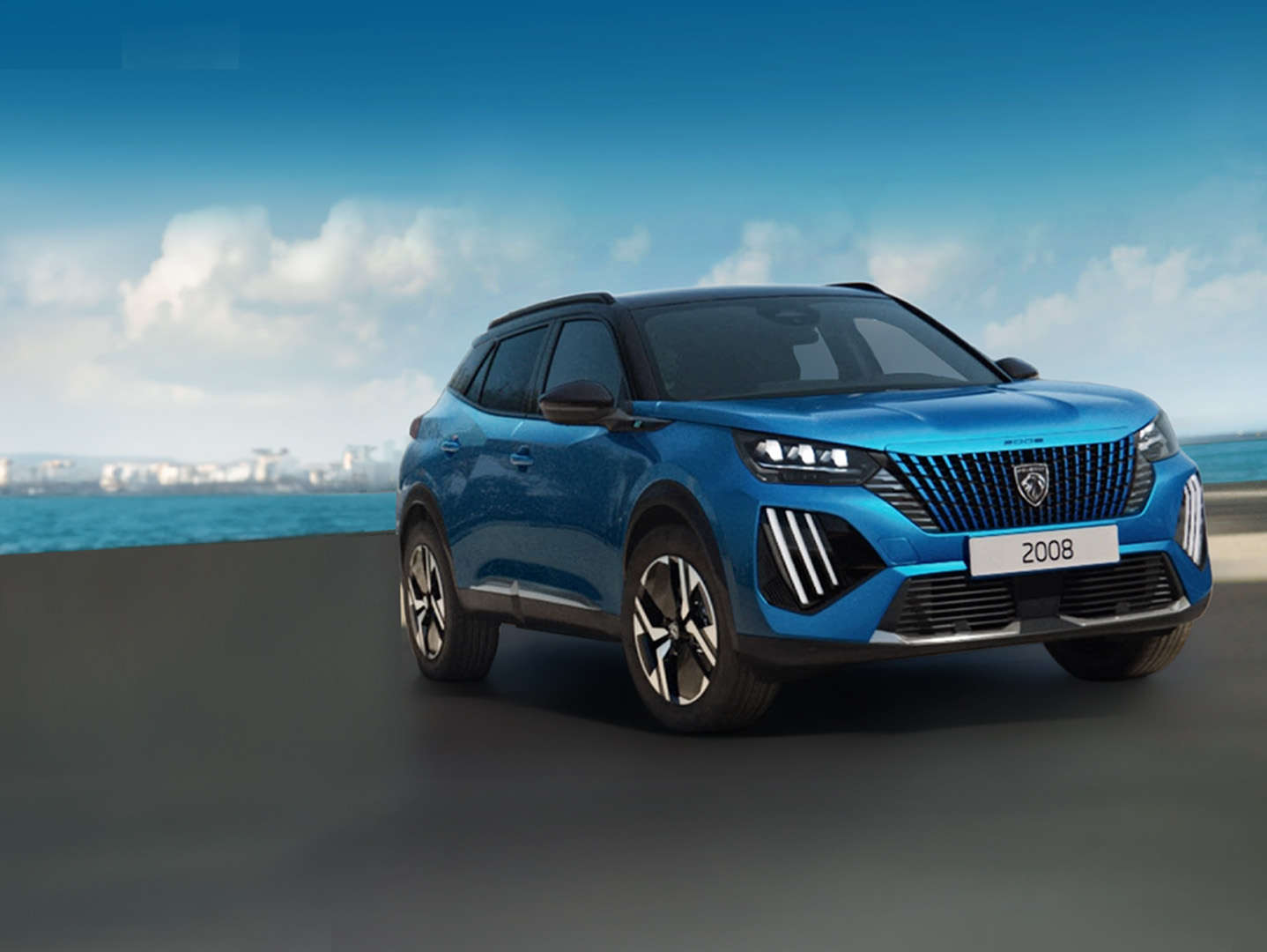 Peugeot 2008 синього кольору на стоянці, вигляд спереду з правого боку